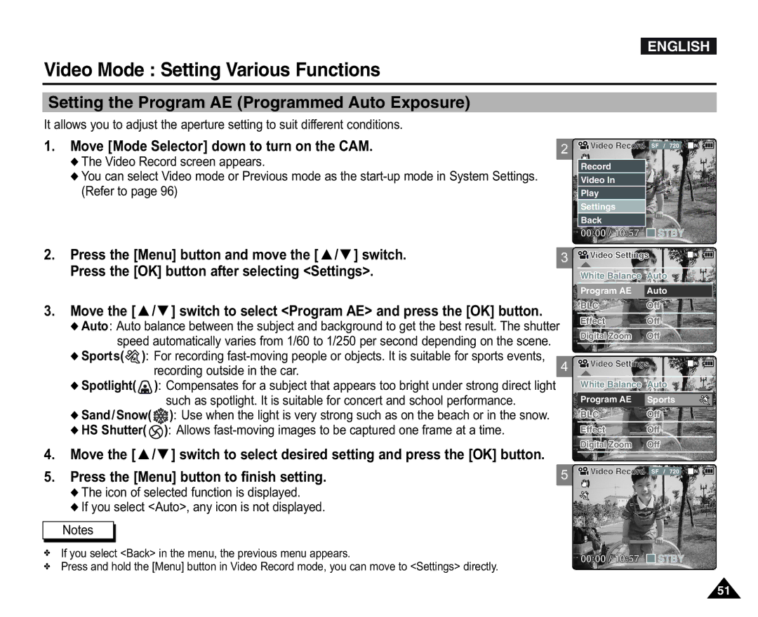 Samsung VP-X110L/COL manual Setting the Program AE Programmed Auto Exposure, Move Mode Selector down to turn on the CAM 