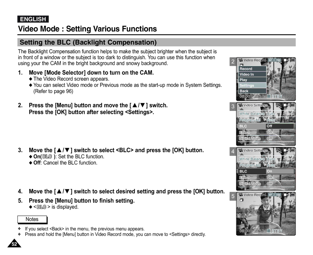 Samsung VP-X110L/XEF manual Setting the BLC Backlight Compensation, On Set the BLC function Off Cancel the BLC function 