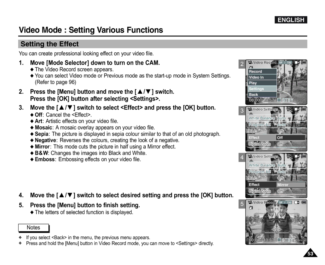 Samsung VP-X110L/XET, VP-X110L/XEF, VP-X110LMEM, VP-X110L/XEC Setting the Effect, Letters of selected function is displayed 