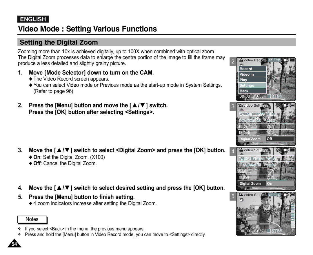 Samsung VP-X110LMEM, VP-X110L/XEF manual Setting the Digital Zoom, Produce a less detailed and slightly grainy picture 