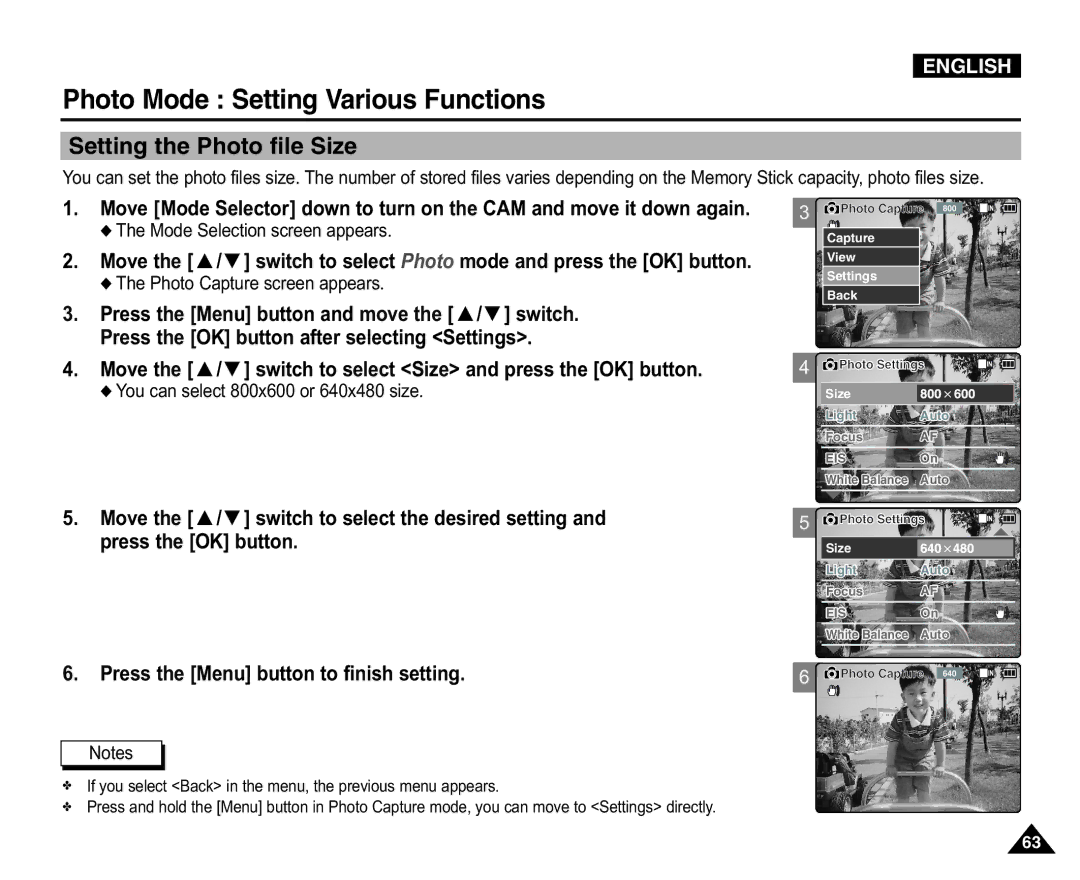 Samsung VP-X110L/XEG, VP-X110L/XEF, VP-X110L/XET manual Photo Mode Setting Various Functions, Setting the Photo file Size 