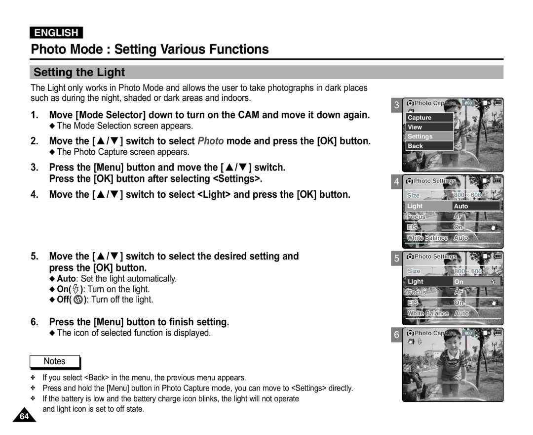 Samsung VP-X110L/COL, VP-X110L/XEF, VP-X110L/XET, VP-X110LMEM manual Setting the Light, Icon of selected function is displayed 