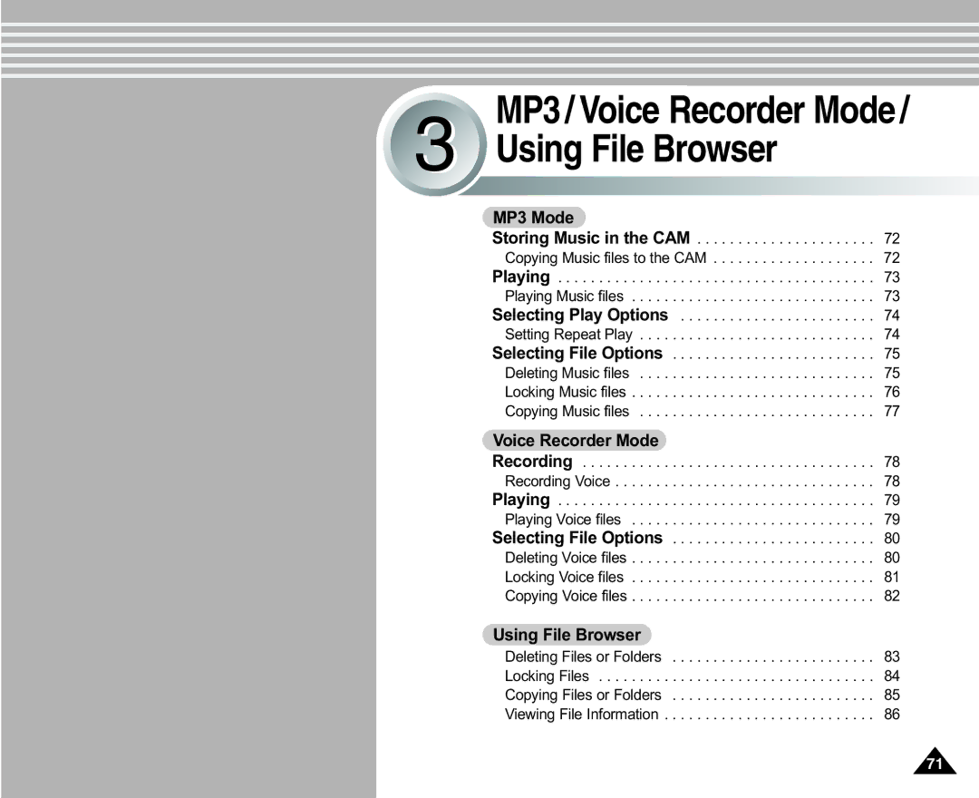 Samsung VP-X110L/XEH, VP-X110L/XEF, VP-X110L/XET, VP-X110LMEM, VP-X110L/XEC MP3 Mode, Voice Recorder Mode, Using File Browser 