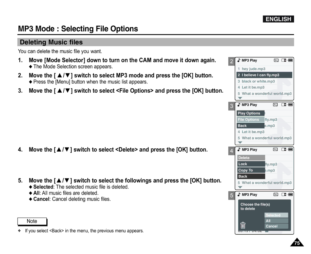 Samsung VP-X105L/XEV manual MP3 Mode Selecting File Options, Deleting Music files, You can delete the music file you want 