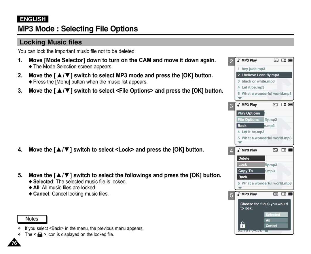 Samsung VP-X110L/XEG, VP-X110L/XEF manual Locking Music files, Move the / switch to select Lock and press the OK button 