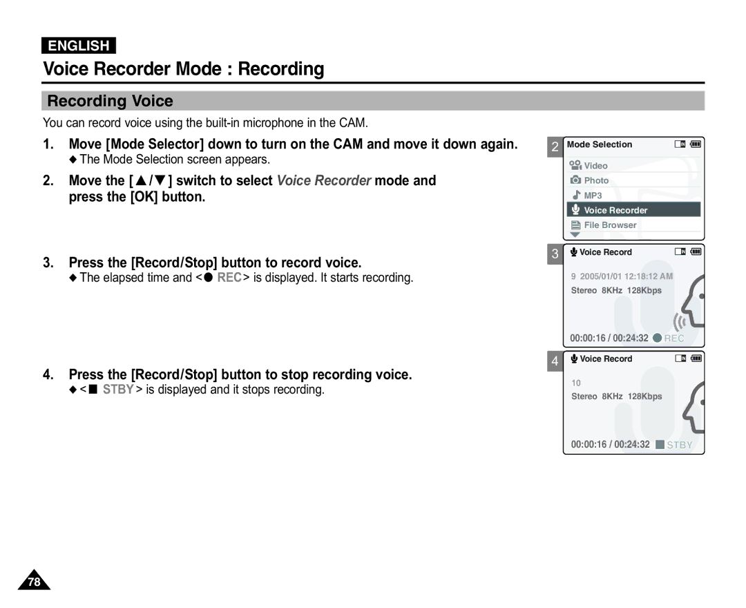 Samsung VP-X110L/XEF manual Voice Recorder Mode Recording, Recording Voice, Press the Record/Stop button to record voice 