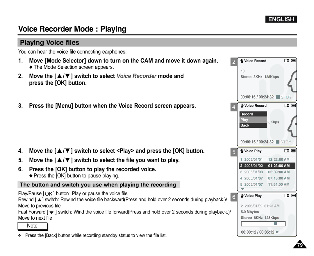 Samsung VP-X110L/XET, VP-X110L/XEF, VP-X110LMEM, VP-X110L/XEC, VP-X110L/EUR Voice Recorder Mode Playing, Playing Voice files 