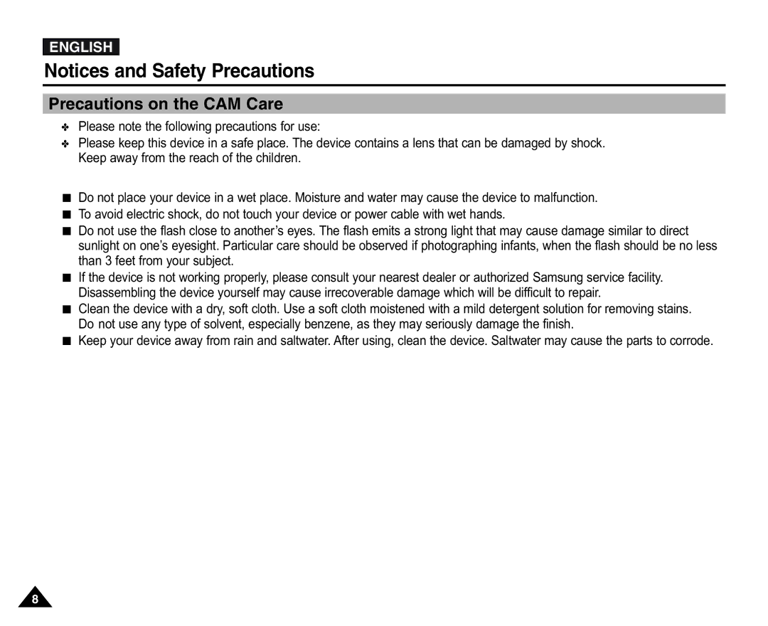 Samsung VP-X105L/SEO, VP-X110L/XEF, VP-X110L/XET, VP-X110LMEM, VP-X110L/XEC, VP-X110L/EUR manual Precautions on the CAM Care 