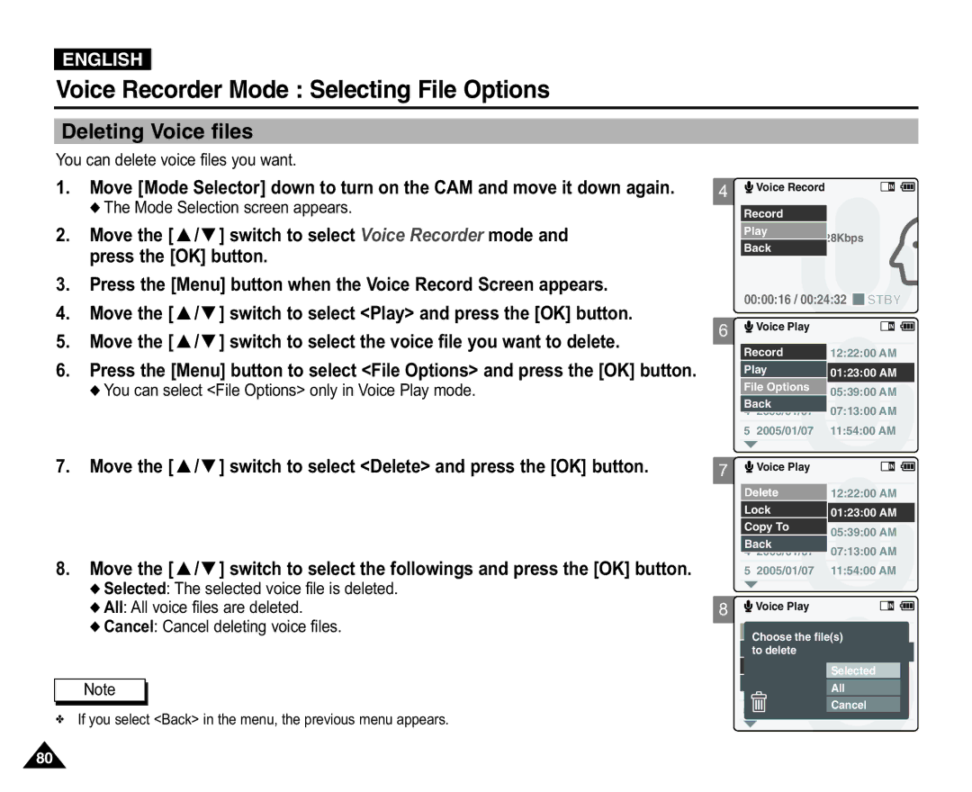 Samsung VP-X110LMEM, VP-X110L/XEF, VP-X110L/XET manual Voice Recorder Mode Selecting File Options, Deleting Voice files 