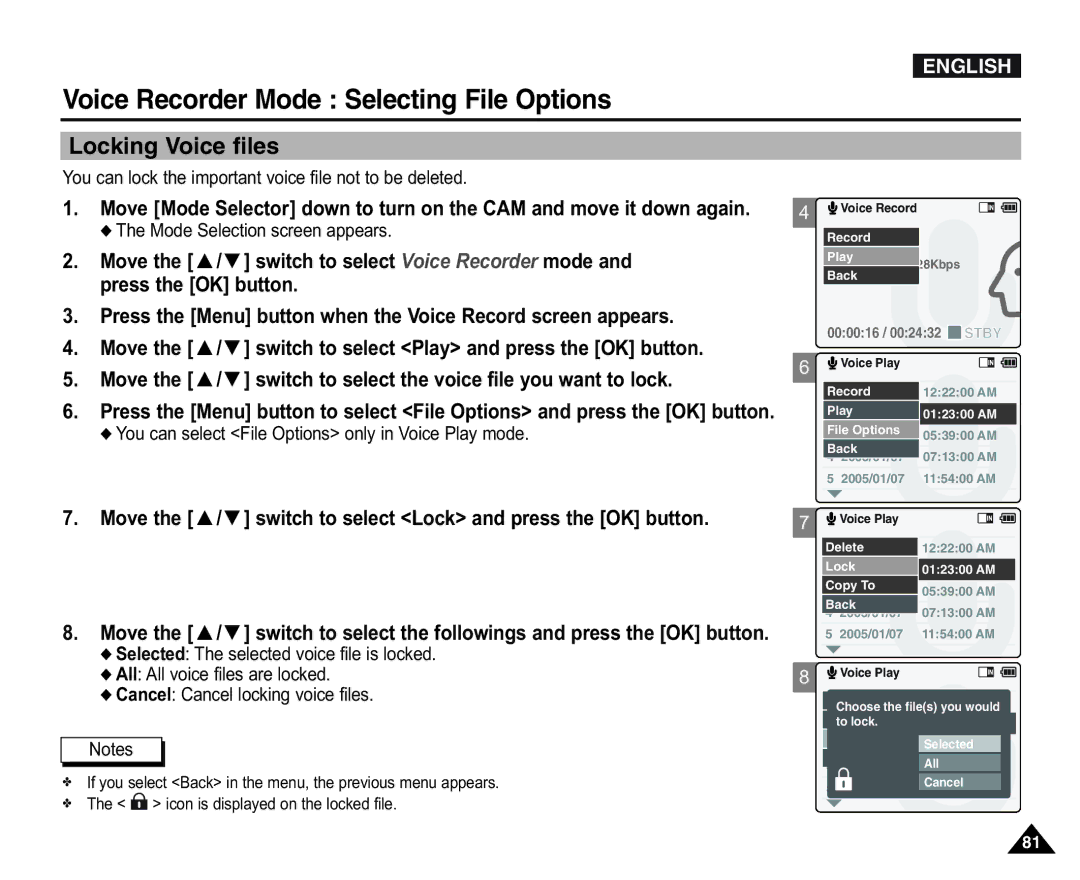 Samsung VP-X110L/XEC, VP-X110L/XEF manual Locking Voice files, You can lock the important voice file not to be deleted 