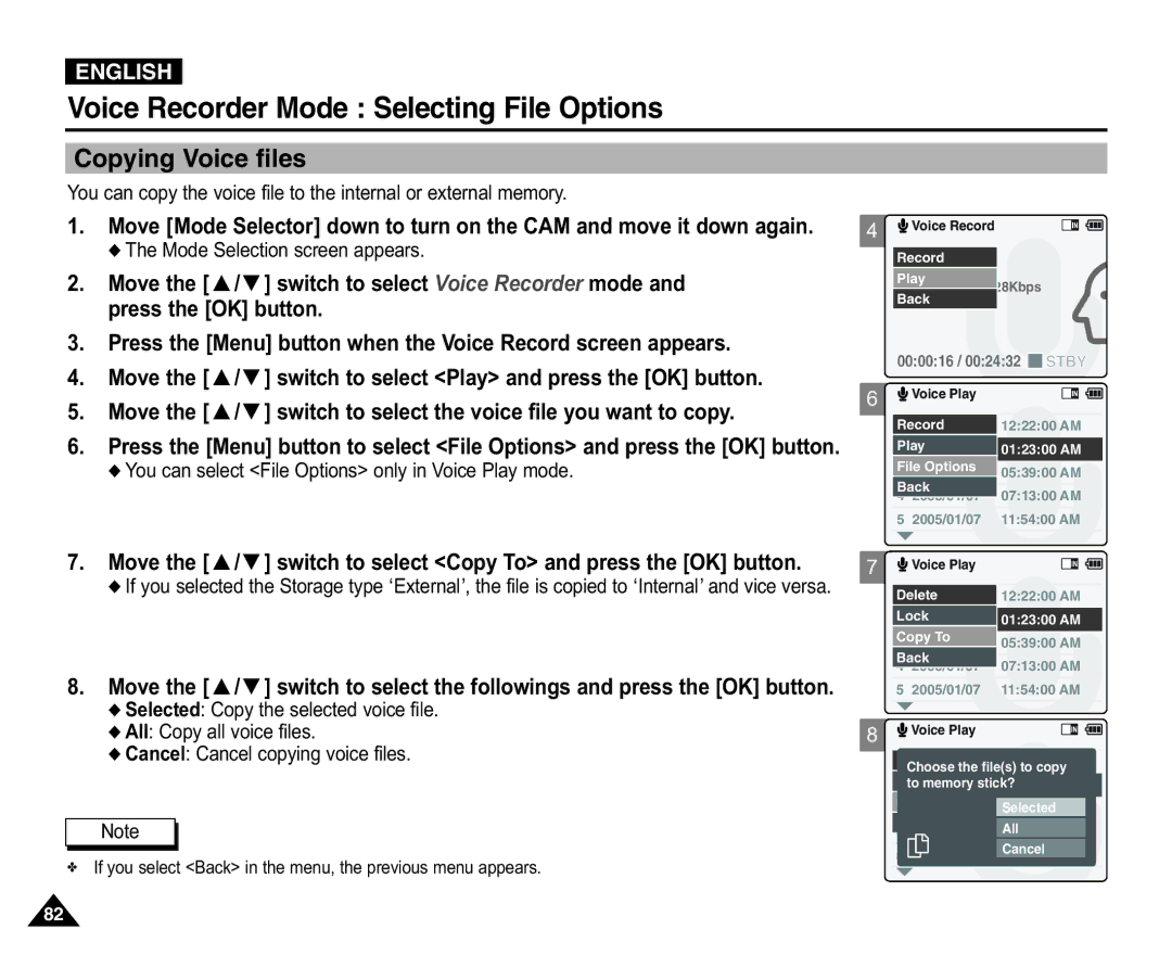 Samsung VP-X110L/EUR, VP-X110L/XEF manual Copying Voice files, Move the / switch to select Copy To and press the OK button 