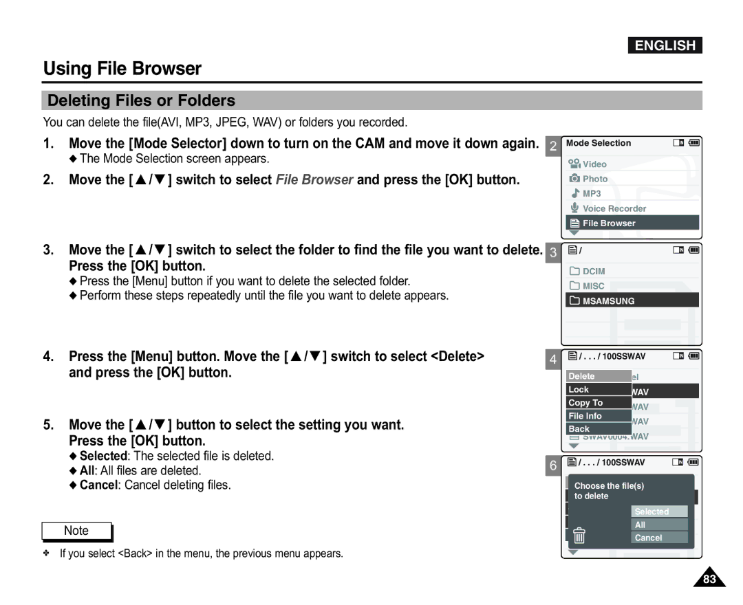 Samsung VP-X105L/XEH, VP-X110L/XEF, VP-X110L/XET, VP-X110LMEM, VP-X110L/XEC Using File Browser, Deleting Files or Folders 