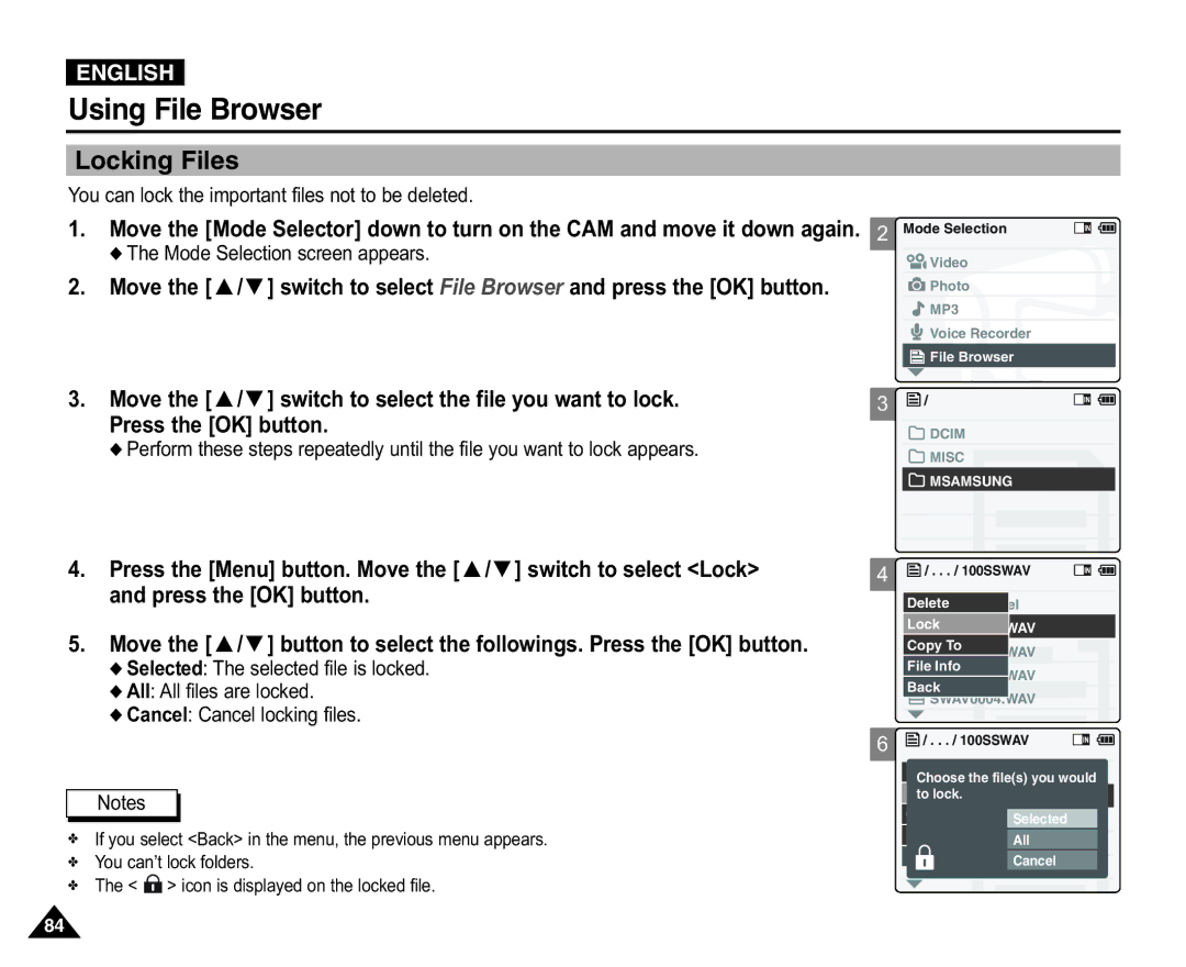 Samsung VP-X110L/XEH, VP-X110L/XEF, VP-X110L/XET Locking Files, Press the Menu button. Move the / switch to select Lock 