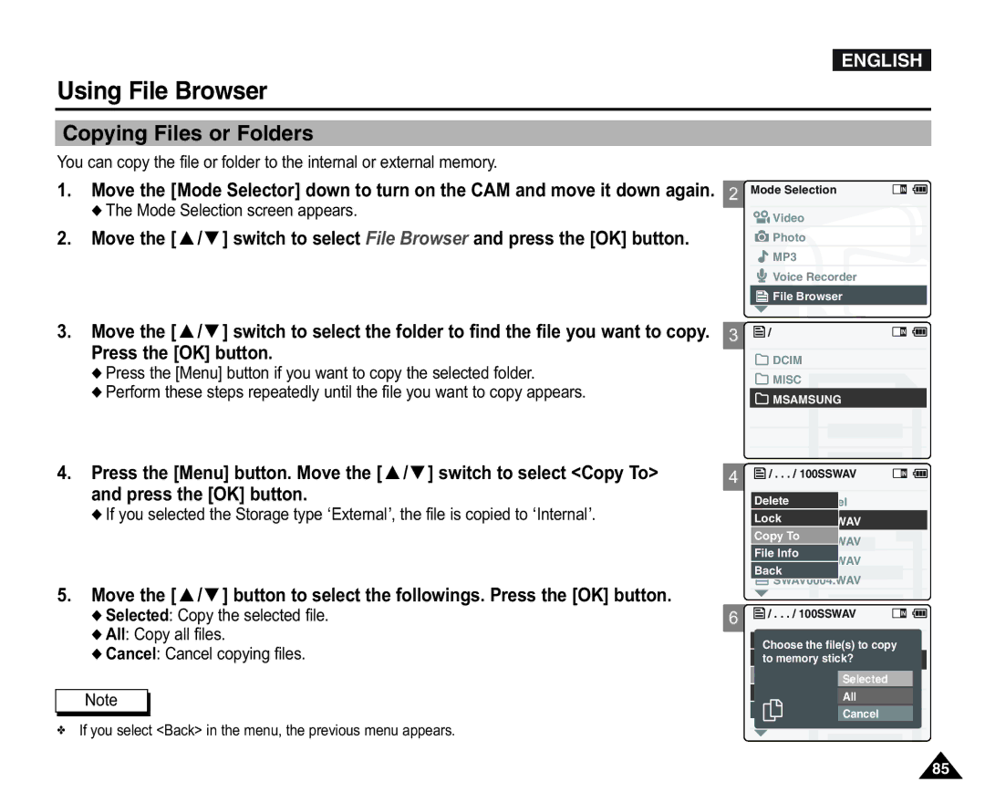 Samsung VP-X105L/XEE, VP-X110L/XEF, VP-X110L/XET, VP-X110LMEM manual Copying Files or Folders, Cancel Cancel copying files 