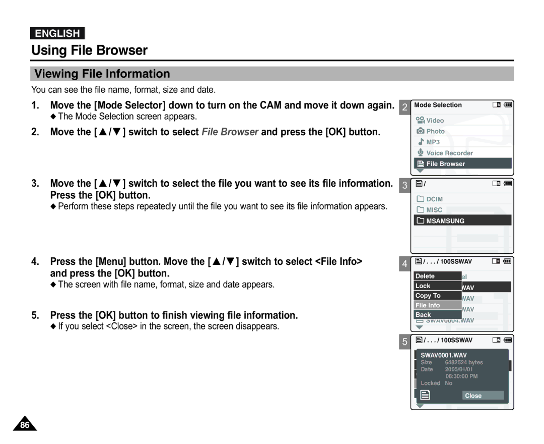 Samsung VP-X105L/SEO, VP-X110L/XEF, VP-X110L/XET Viewing File Information, You can see the file name, format, size and date 