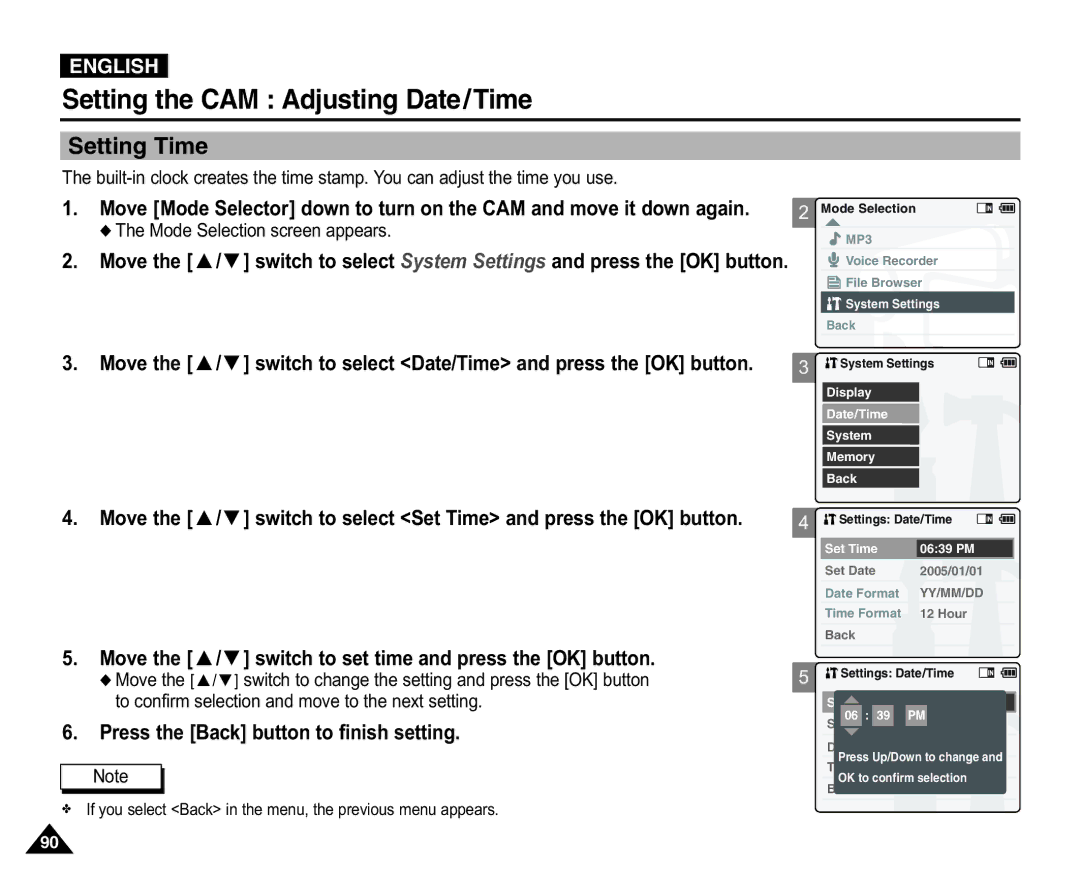 Samsung VP-X110L/COL Setting the CAM Adjusting Date/Time, Setting Time, To confirm selection and move to the next setting 