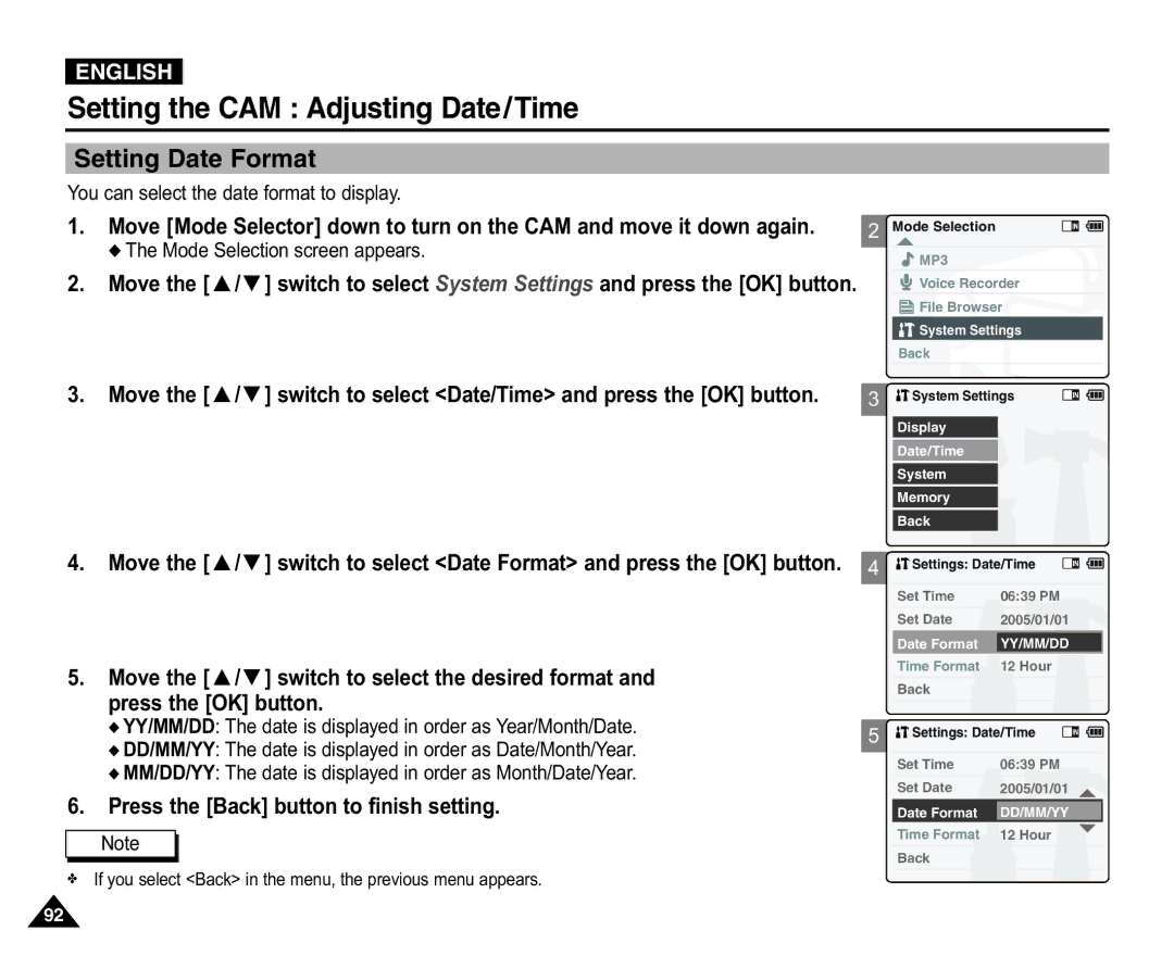 Samsung VP-X110L/XET, VP-X110L/XEF, VP-X110LMEM, VP-X110L/XEC Setting Date Format, You can select the date format to display 