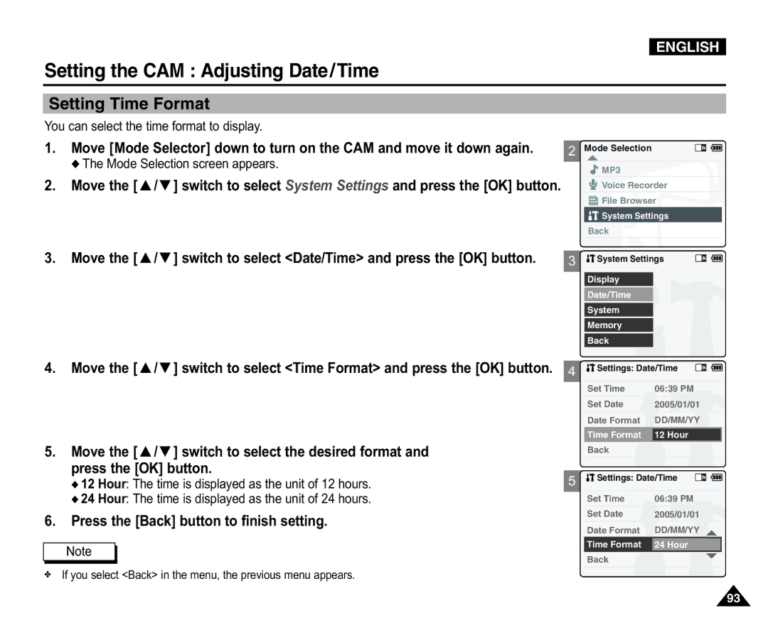 Samsung VP-X110LMEM, VP-X110L/XEF, VP-X110L/XET, VP-X110L/XEC Setting Time Format, You can select the time format to display 