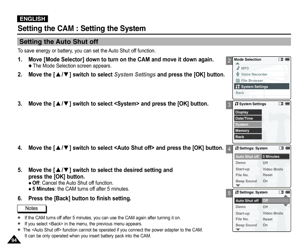 Samsung VP-X110L/XEC, VP-X110L/XEF, VP-X110L/XET, VP-X110LMEM, VP-X110L/EUR, VP-X105L/XEH manual Setting the Auto Shut off 