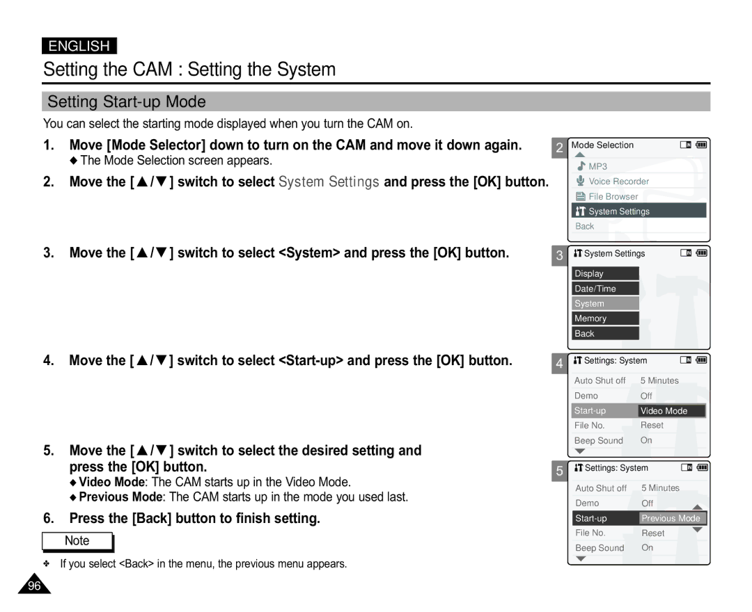 Samsung VP-X105L/XEH, VP-X110L/XEF, VP-X110L/XET, VP-X110LMEM manual Setting the CAM Setting the System, Setting Start-up Mode 