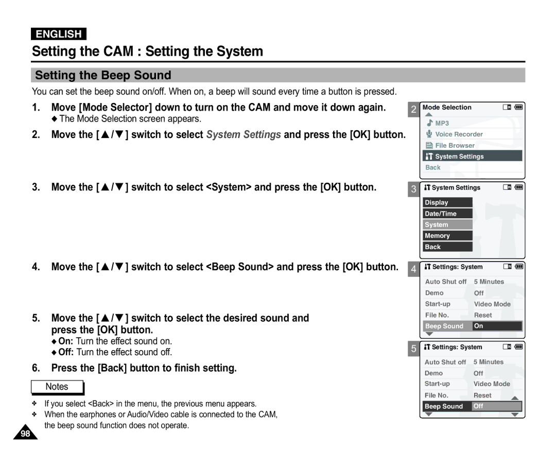 Samsung VP-X105L/XEE, VP-X110L/XEF manual Setting the Beep Sound, On Turn the effect sound on Off Turn the effect sound off 