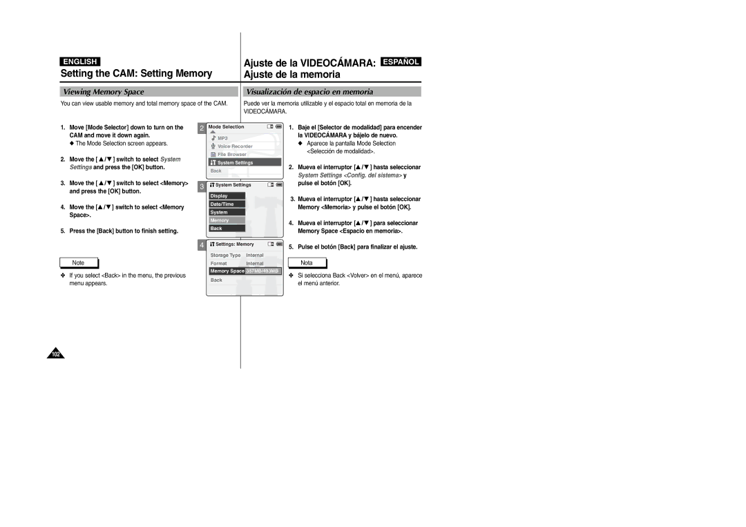 Samsung VP-X110L/HAC, VP-X110L/XET, VP-X110L/AND, VP-X110L/AFR manual Viewing Memory Space Visualización de espacio en memoria 