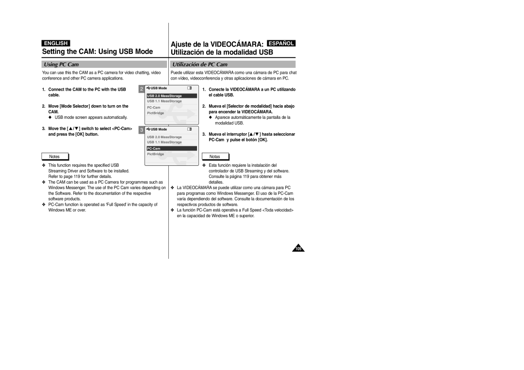 Samsung VP-X110L/XET, VP-X110L/AND manual Using PC Cam Utilización de PC Cam, Conference and other PC camera applications 