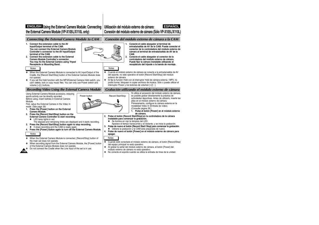 Samsung VP-X110L/UMG Conexión del módulo externo de cámara a la CAM, Grabación utilizando el módulo externo de cámara 