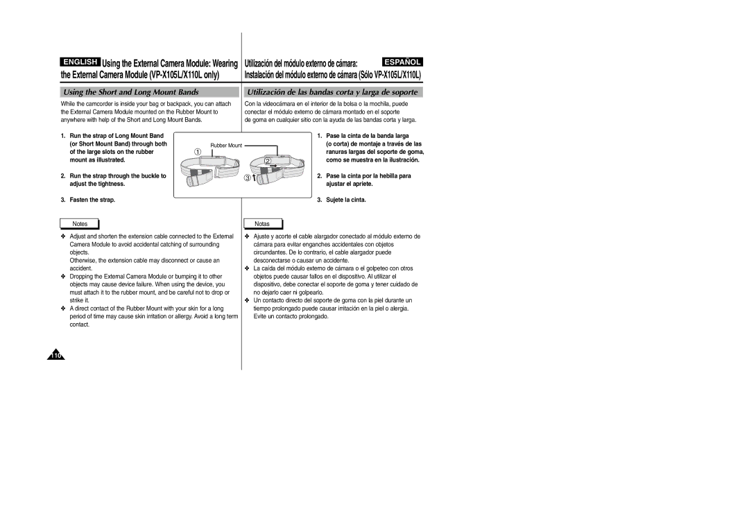 Samsung VP-X110L/KNT manual Using the Short and Long Mount Bands, Utilización de las bandas corta y larga de soporte 