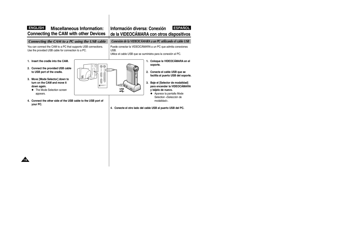 Samsung VP-X110L/HAC, VP-X110L/XET manual Connecting the CAM to a PC using the USB cable, Insert the cradle into the CAM 