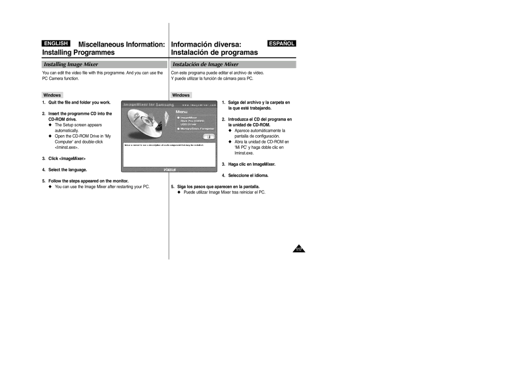 Samsung VP-X110L/KNT, VP-X110L/XET manual English Miscellaneous Information, Installing Programmes Instalación de programas 