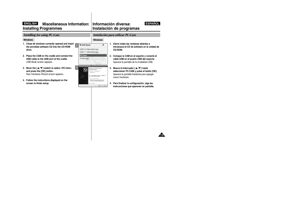 Samsung VP-X110L/XET Installing for using PC-Cam Instalación para utilizar PC-Cam, New Hardware Wizard screen appears 