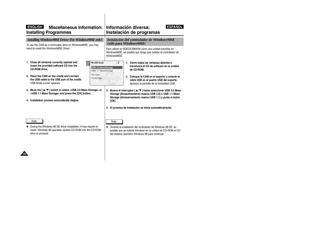 Samsung VP-X110L/AND, VP-X110L/XET manual Installing Windows98SE Driver For Windows98SE only, USB Mode screen appears 