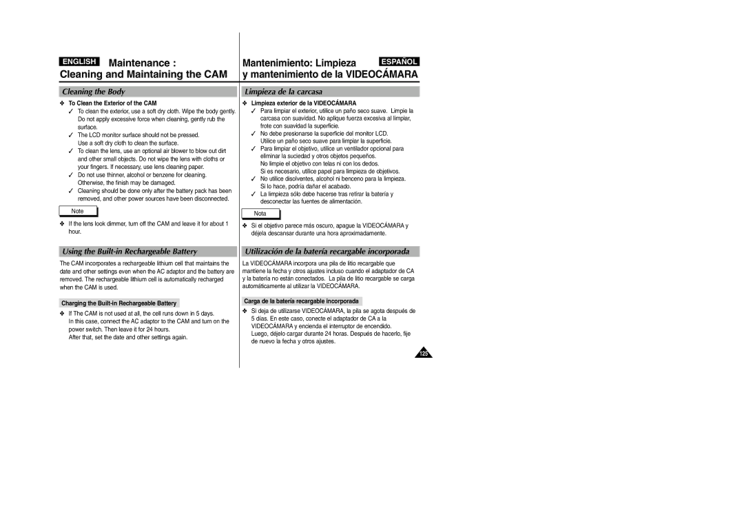 Samsung VP-X110L/XSG, VP-X110L/XET, VP-X110L/AND manual Mantenimiento Limpieza, Cleaning the Body, Limpieza de la carcasa 