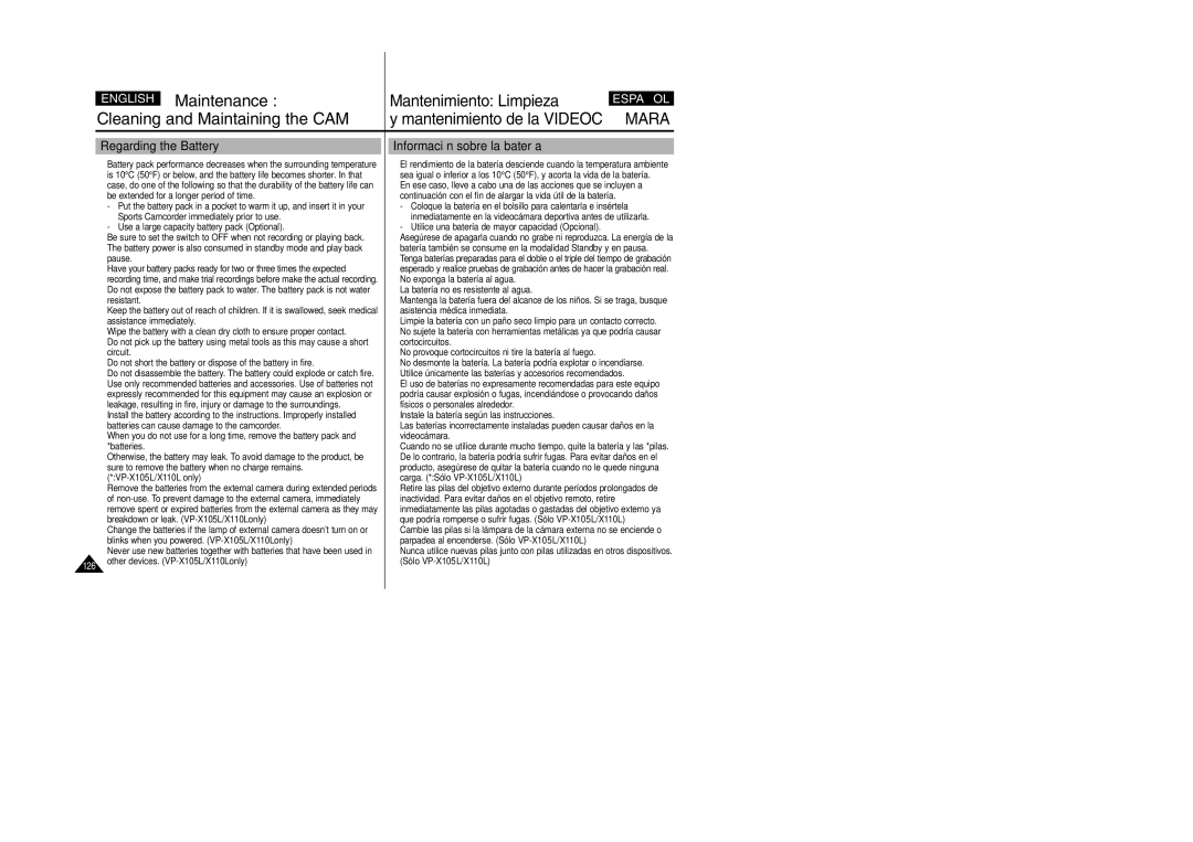 Samsung VP-X110L/XET, VP-X110L/AND, VP-X110L/AFR, VP-X110L/UMG manual Regarding the Battery, Información sobre la batería 