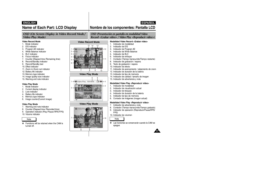 Samsung VP-X110L/UMG, VP-X110L/XET, VP-X110L/AND, VP-X110L/AFR Video Play Mode, OSD On Screen Display in Video Record Mode 