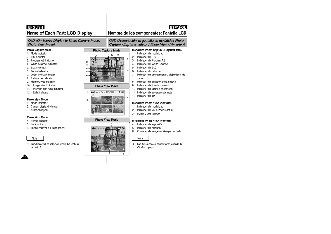 Samsung VP-X110L/HAC, VP-X110L/XET, VP-X110L/AND, VP-X110L/AFR OSD On Screen Display in Photo Capture Mode, Photo View Mode 