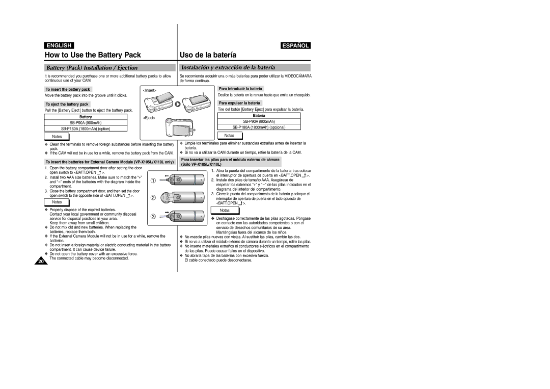 Samsung VP-X110L/XSG, VP-X110L/XET How to Use the Battery Pack, Uso de la batería, Battery Pack Installation / Ejection 