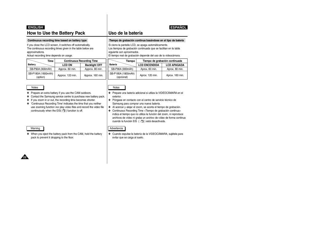 Samsung VP-X110L/AND Time Continuous Recording Time, Tiempo, Notas Prepare an extra battery if you use the CAM outdoors 