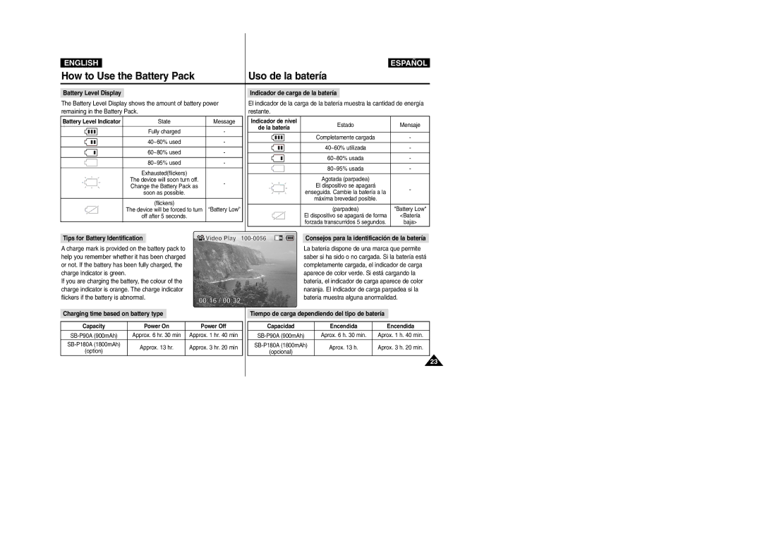 Samsung VP-X110L/AFR, VP-X110L/XET manual Battery Level Display, Indicador de carga de la batería, Video Play 100-0056 