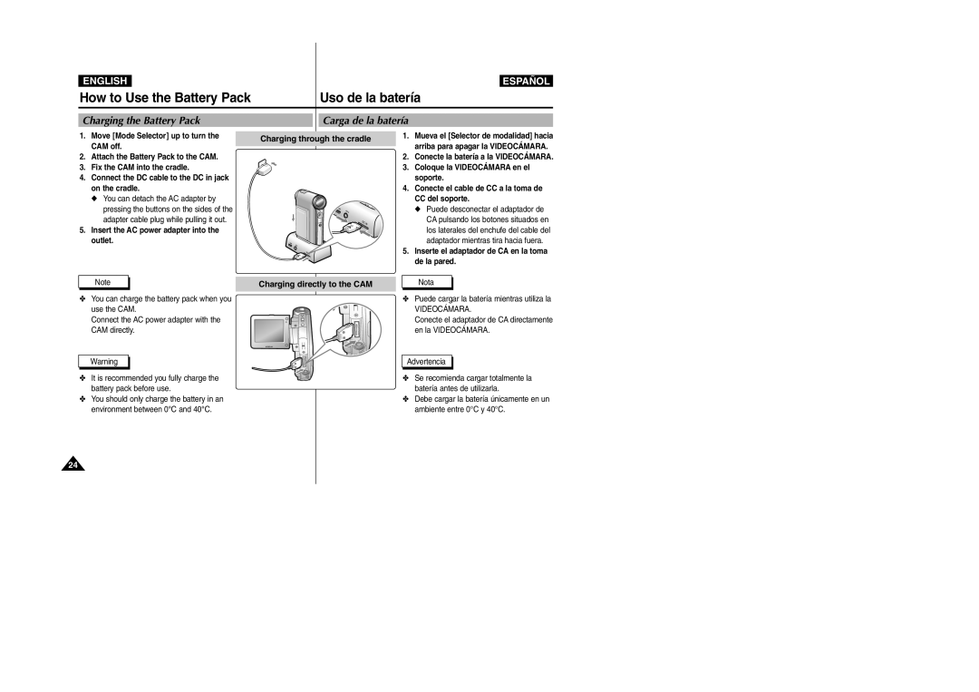 Samsung VP-X110L/UMG, VP-X110L/XET, VP-X110L/AND, VP-X110L/AFR, VP-X110L/HAC Charging the Battery Pack, Carga de la batería 