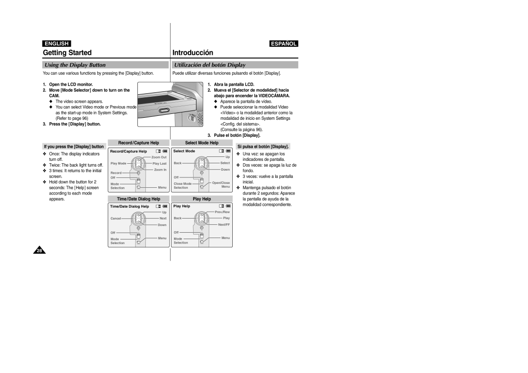 Samsung VP-X110L/XET, VP-X110L/AND, VP-X110L/AFR, VP-X110L/UMG, VP-X110L/HAC, VP-X110L/KNT manual Getting Started Introducción 