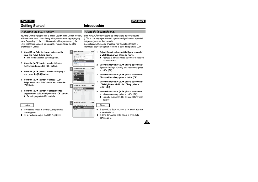 Samsung VP-X110L/AND manual Adjusting the LCD Monitor, Ajuste de la pantalla LCD, Mueva el interruptor / hasta seleccionar 