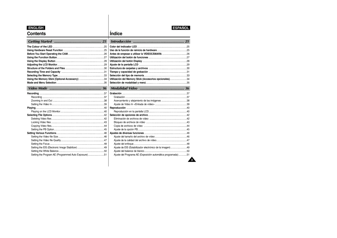 Samsung VP-X110L/UMG, VP-X110L/XET, VP-X110L/AND, VP-X110L/AFR, VP-X110L/HAC, VP-X110L/KNT, VP-X110L/XSG manual Contents Índice 