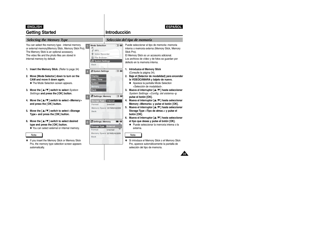 Samsung VP-X110L/KNT manual Selecting the Memory Type Selección del tipo de memoria, Move the / switch to select desired 