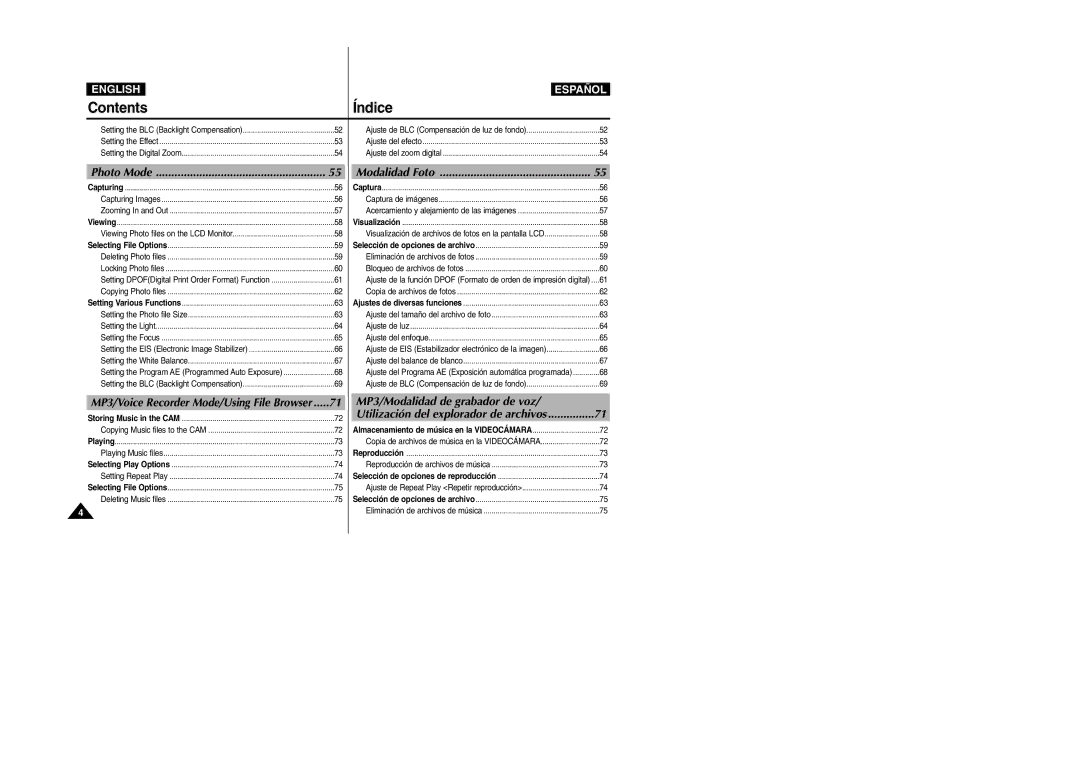 Samsung VP-X110L/HAC, VP-X110L/XET, VP-X110L/AND, VP-X110L/AFR, VP-X110L/UMG, VP-X110L/KNT, VP-X110L/XSG manual Contents Índice 