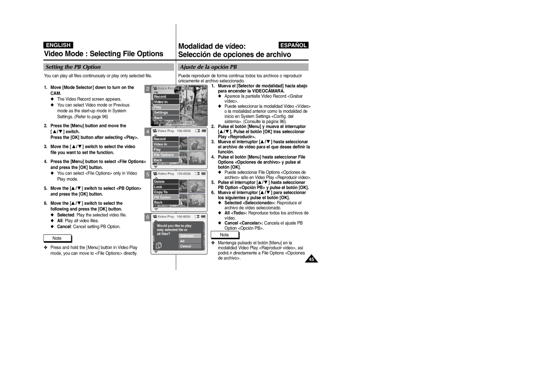 Samsung VP-X110L/UMG manual Setting the PB Option Ajuste de la opción PB, Press the Menu button and move Switch, Función 