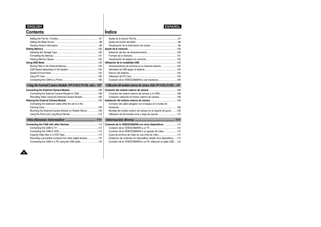 Samsung VP-X110L/XSG, VP-X110L/XET, VP-X110L/AND, VP-X110L/AFR manual 111, Miscellaneous Information, Información diversa 