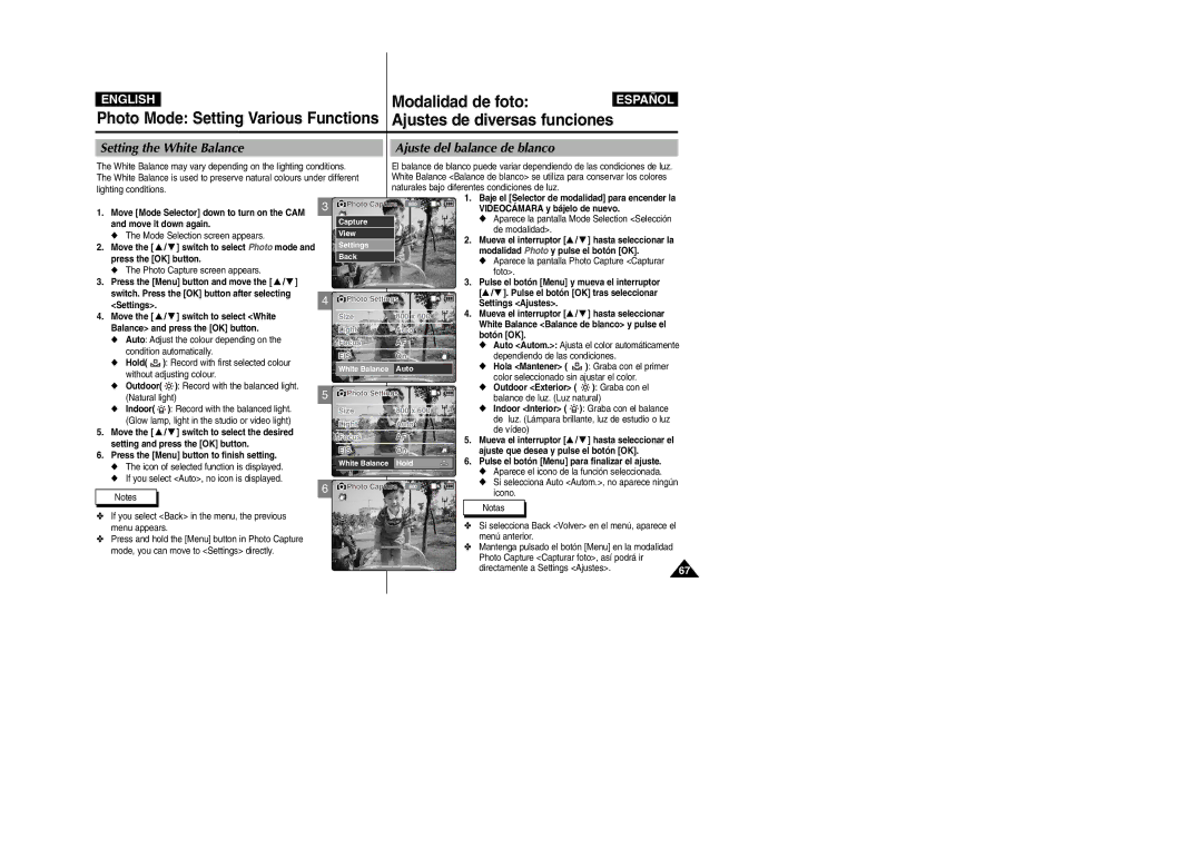 Samsung VP-X110L/HAC manual Settings Settings Ajustes Move the / switch to select White, Balance and press the OK button 