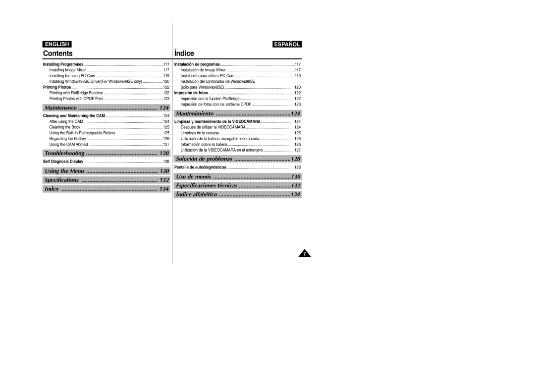 Samsung VP-X110L/XET Maintenance, Troubleshooting, Using the Menu, Specifications, Index, Mantenimiento, Uso de menús 130 